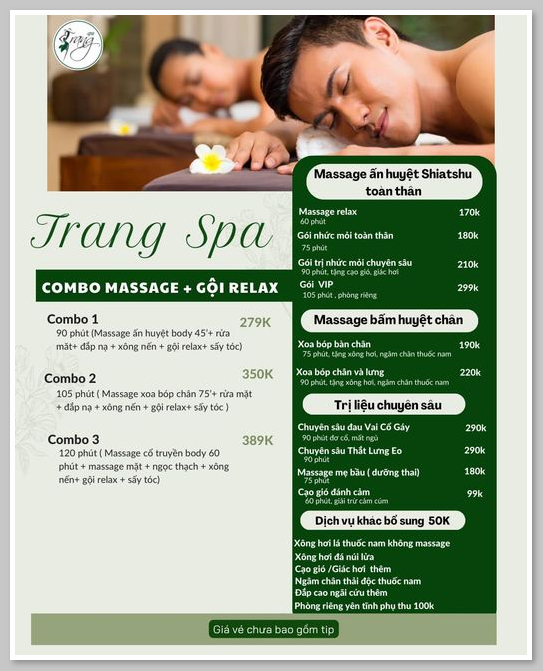 Bảng giá massage tại Trang Spa 